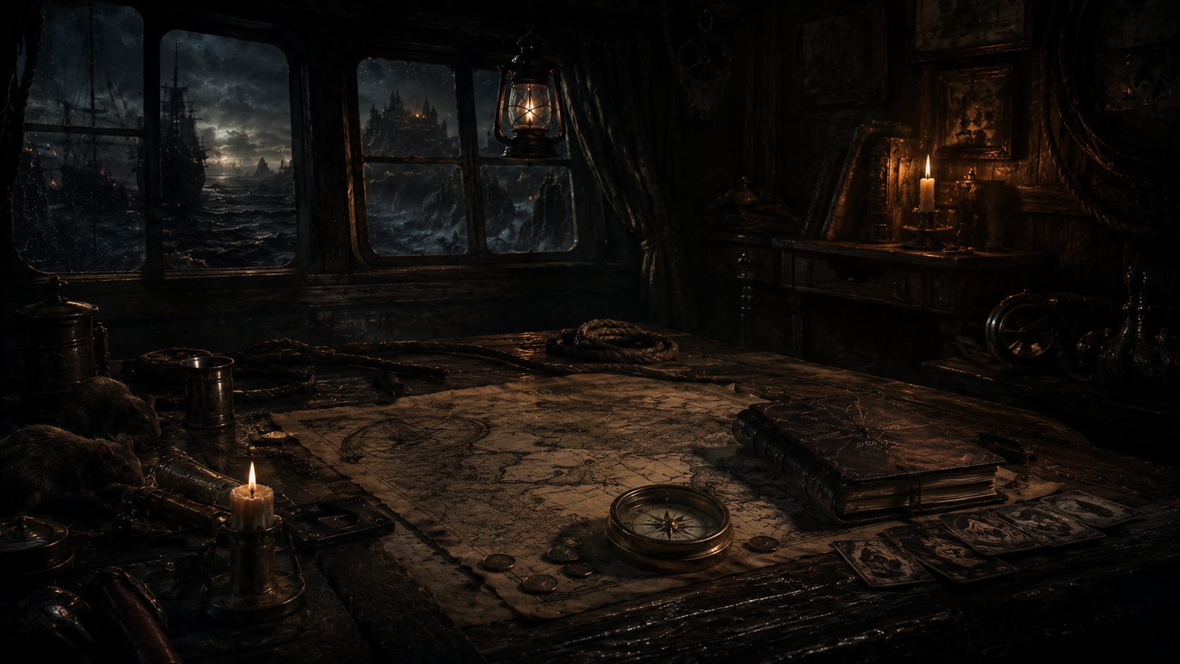 A weathered map, compass, cards, and lantern on a shipboard table